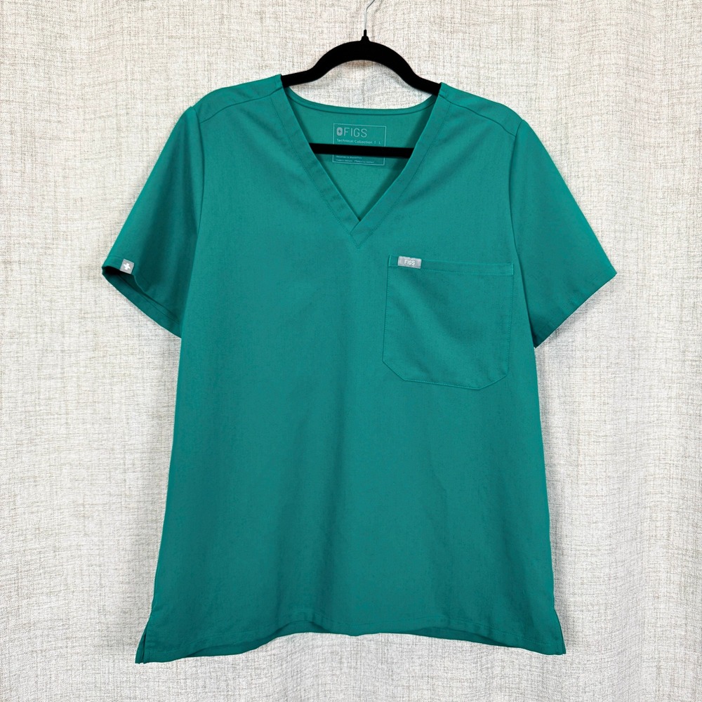 FIGS Catarina Scrub Top Teal Green V-Neck Short Sleeve‎ Sz L Medical Healthcare